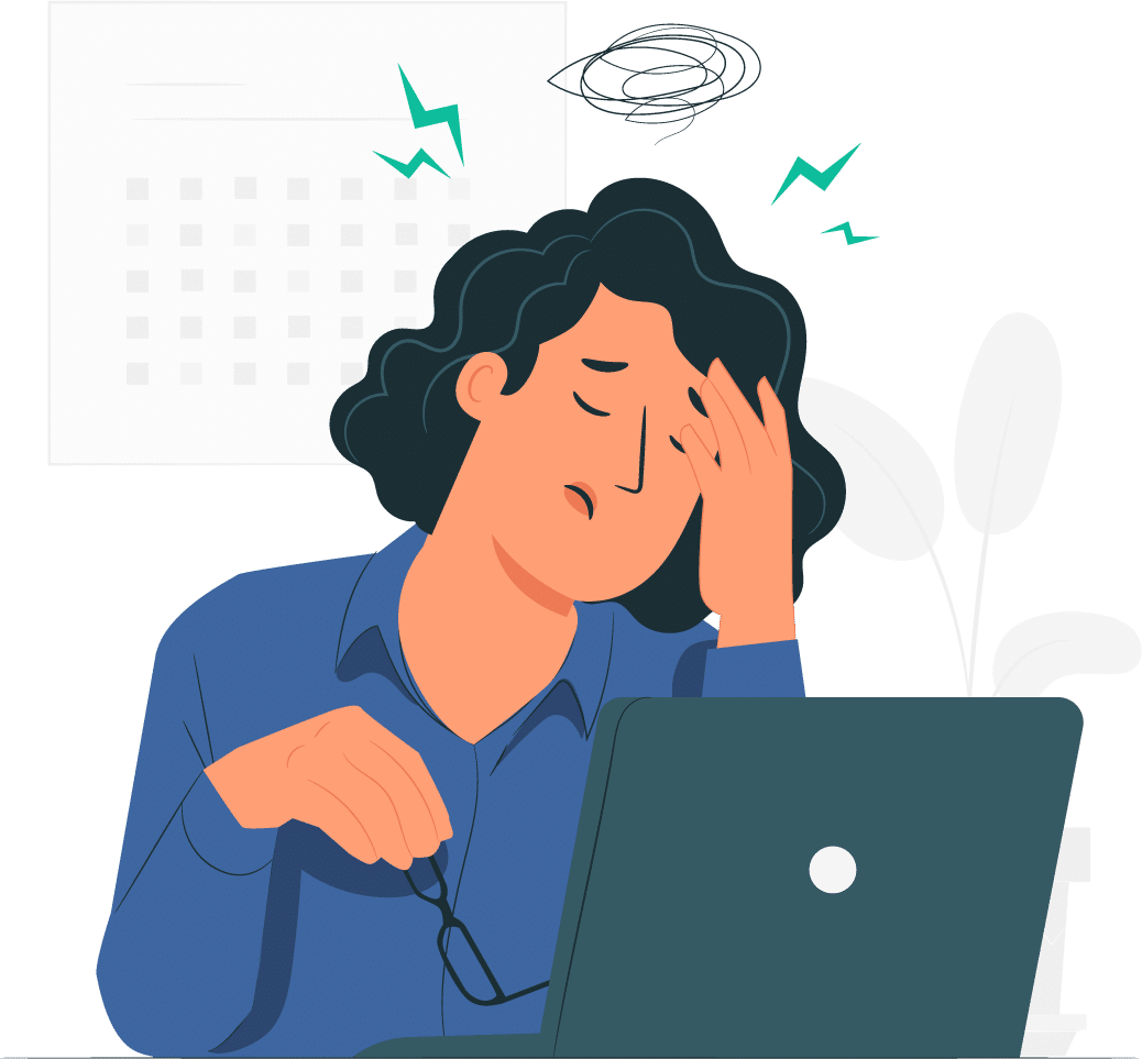 A woman at her desk, laptop open, appears distressed as she holds her head, indicating a headache.