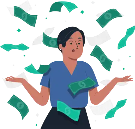 A woman joyfully stands as money cascades down around her, creating a scene of abundance and prosperity